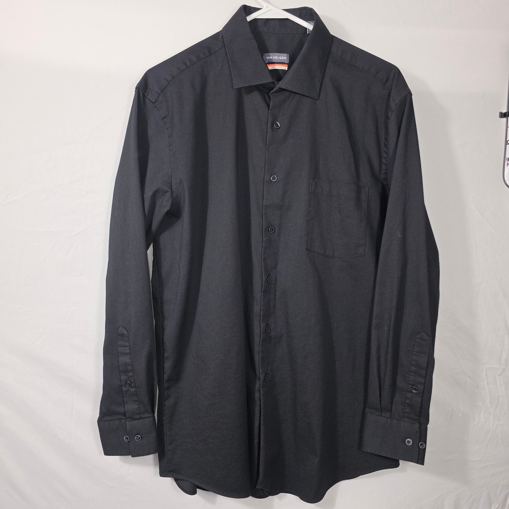 Van Heusen Button Down Mens L 16-16.5 Black Excellent Stain Shield Stretch 737